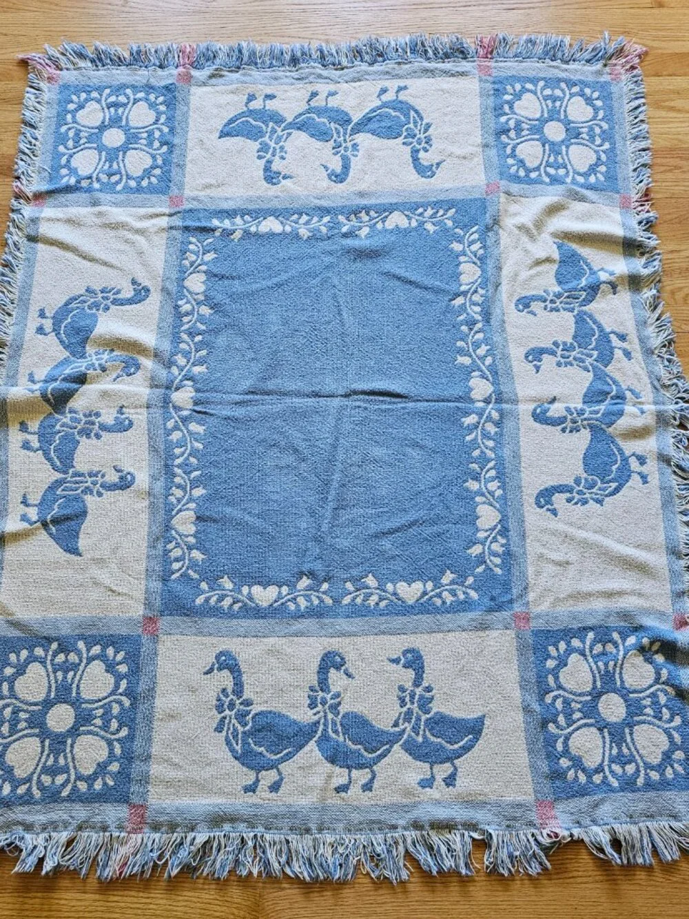 Vintage Goose Woven Tapestry Throw Blanket Reversible Fringe Trim Hearts 47x57
